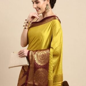 Anouk Mustard Yellow & Gold-Toned Checked Zari Pure Silk Kanjeevaram Saree