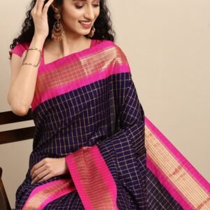 Anouk Navy Blue & Fuchsia Woven Design Pure Silk Banarasi Saree
