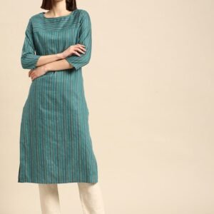 Anouk Women Teal Green Striped Thread Work Yarn Dyed Kurta