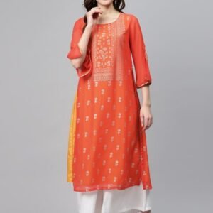 Biba Women Rust Orange & Golden Printed Layered Straight Kurta