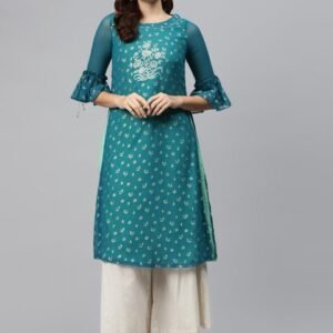 Biba Women Teal Blue & Golden Printed Straight Layered Kurta