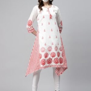 Biba Women White Pink Printed Pure Cotton A-Line Asymmetric Kurta
