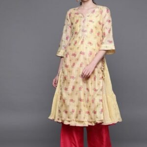 Biba Women Yellow & Pink Printed Layered Tiered A-Line Kurta