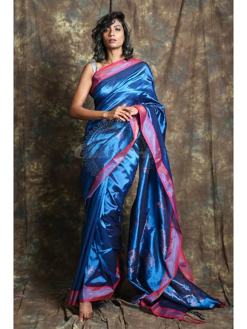 Charukriti Blue & Magenta Zari Pure Silk Saree