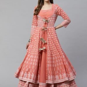 Divena Women Peach-Coloured Gotta Patti Printed Cotton Anarkali With Long Ethnic Jacket