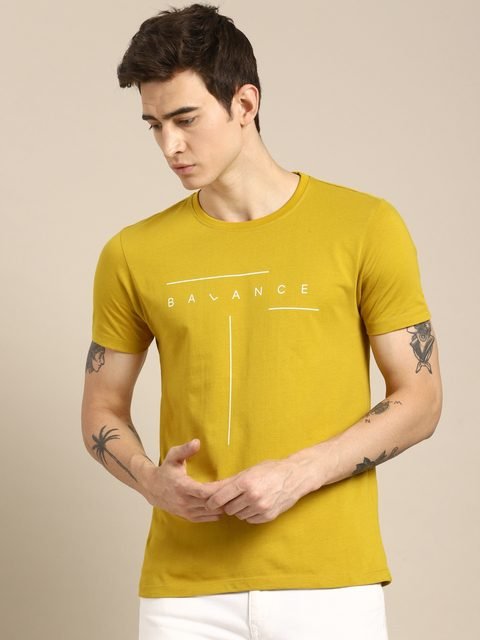 ether Men Mustard Yellow Printed Cotton Pure Cotton T-shirt