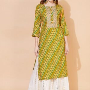 FASHOR Women Green & Orange Leheriya Printed Yoke Design Straight Kurta