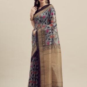 Florence Grey & Gold-Toned Art Silk Printed Saree