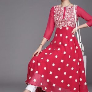 Inddus Women Pink & White Ethnic Motifs Embroidered Anarkali Kurta
