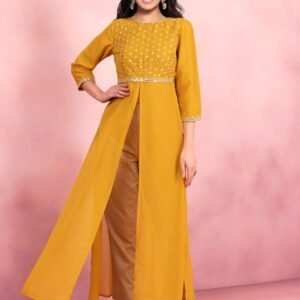 INDYA Mustard Yellow Mirror Embroidered High Slit Kurta