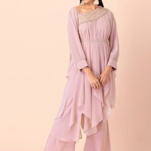INDYA Women Pink Ethnic Motifs Flared Sleeves High Low Zardozi Georgette Kurta