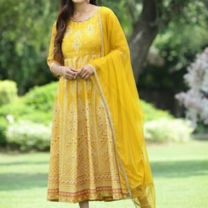 Juniper Women Mustard Yellow Geometric Anarkali Panelled Kurta with Dupatta