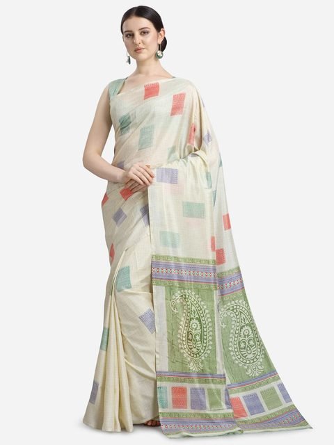KALINI Cream-Coloured & Green Ethnic Motifs Art Silk Fusion Saree