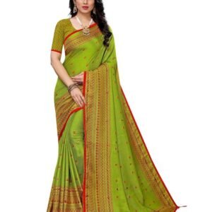 KALINI Green & Red Ethnic Motifs Mirror Work Jute Silk Saree