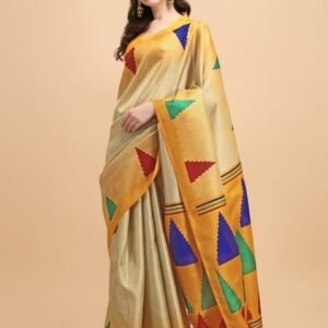 KALINI Mustard & Beige Geometric Printed Khadi Saree