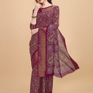 KALINI Purple & Maroon Floral Phulkari Jute Silk Fusion Kota Saree