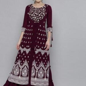 Kvsfab Women Burgundy Ethnic Motifs Embroidered Georgette Anarkali Kurta