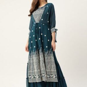 Kvsfab Women Teal Green & White Embroidered Sequins Tiered Layered Anarkali Kurta