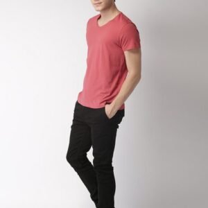 Mast Harbour Men Coral Pink Solid V-Neck Pure Cotton T-shirt