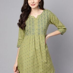 Nayo Women Olive Green & Blue Printed A-Line Kurta