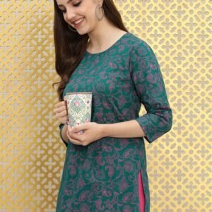 Ode by House of Pataudi Women Green & Pink Paisley Printed Pure Cotton Kurta