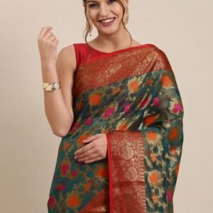 PERFECTBLUE Blue & Red Ethnic Motifs Art Silk Kanjeevaram Saree