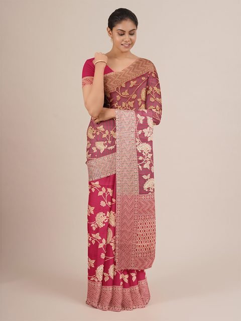 Pothys Purple & Gold-Toned Floral Printed Jute Silk Saree