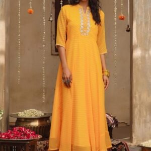 SCAKHI Women Mustard Yellow Keyhole Neck Summer Sheers Georgette Anarkali Kurta