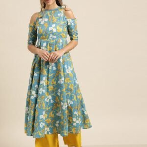 Shae by SASSAFRAS Women Blue & Mustard Yellow Printed Off-Shoulder Anarkali Kurta