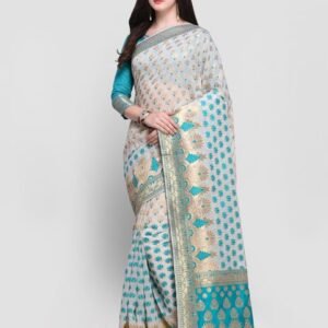Shaily Cream-Coloured & Blue Pure Silk Woven Design Banarasi Saree