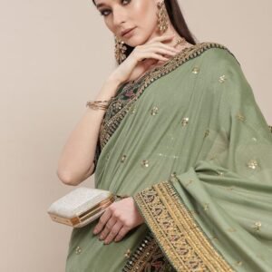 SHUBHVASTRA Green & Green Embroidered Art Silk Saree