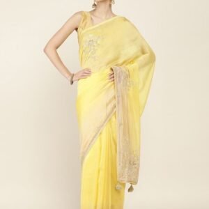 Soch Yellow & Beige Floral Beads & Stones Art Silk Saree