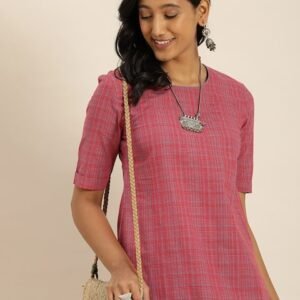 Taavi Women Rose & Blue Ikat Back Cut Out Woven Casual Kurta