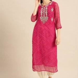 Varanga Pink Bandhej Gotta Patti Embroidery Yoke Sequin Straight Kurta