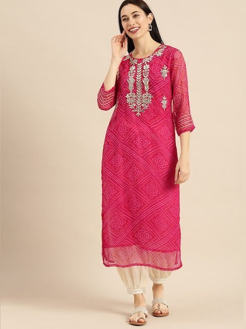 Varanga Pink Bandhej Gotta Patti Embroidery Yoke Sequin Straight Kurta