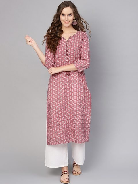 Varanga Women Pink & White Printed Straight Kurta