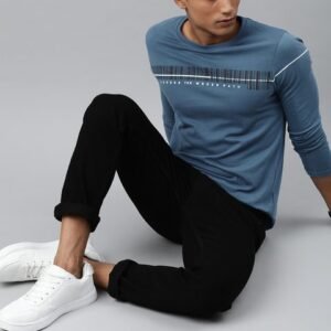 WROGN Men Blue Printed Round Neck Pure Cotton T-shirt