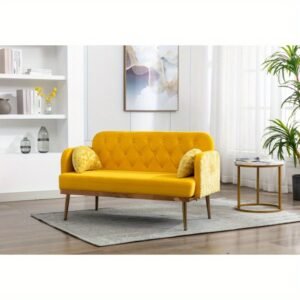 COOLMORE Modern Velvet Loveseat Sofa, Comfy Upholstered 2-Seater Sofa with Gold Metal Legs, Small Loveseat Accent Couch for Living Bedroom Leisure Areas (Yellow Velvet)