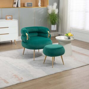 Upholstered Velvet Barrel Accent Chair with Ottoman, Accent Comfy Lounge Arm Chair and Footrest Stool Set, Single Sofa Armchair with Lounge Seat for Bedroom, Office