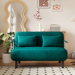 Tri-Fold Sofa Bed With Adjustable Backrest & Pillow, 39 Convertible Chair Bed, Leisure Chaise Lounge Couch With Sturdy Steel Frame For Home & Office, Comfortable Sleeper Chair Antique Green