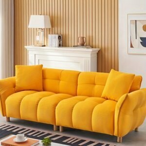 93. 70 inches long, Teddy Sofa Fabric, with two matching pillows and three spacious and comfortable seats, for Apartment Office Living Room - Yellow